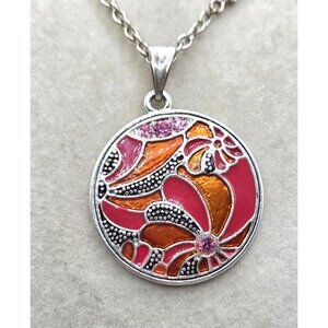 Colorful Floral Round Pendant Necklace With Pink Rhinestones & Chain